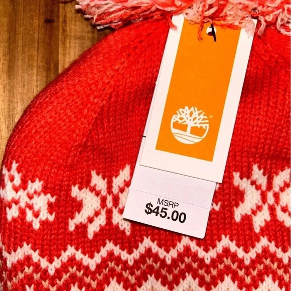 Timberland Women's Fairisle Pom Knit Beanie. One Size. Orange Cream. NWTS! - Picture 5 of 5